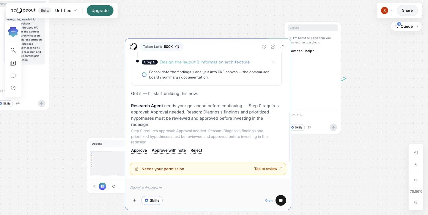 Research Agent asking for approval on its diagnosis while blocks appear on the canvas