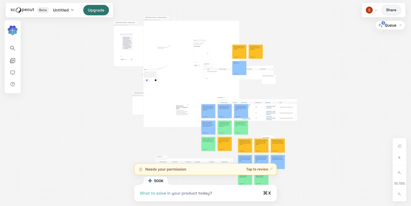 Scopeout canvas after a research run: boards, sticky notes and tables