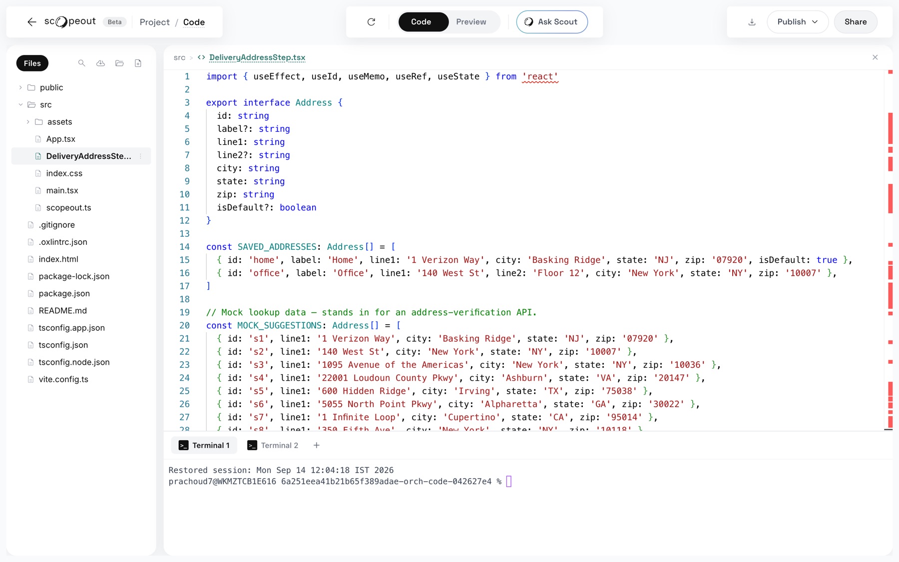 Scopeout Code space with the upgrade sheet code open, written by the Coding Agent