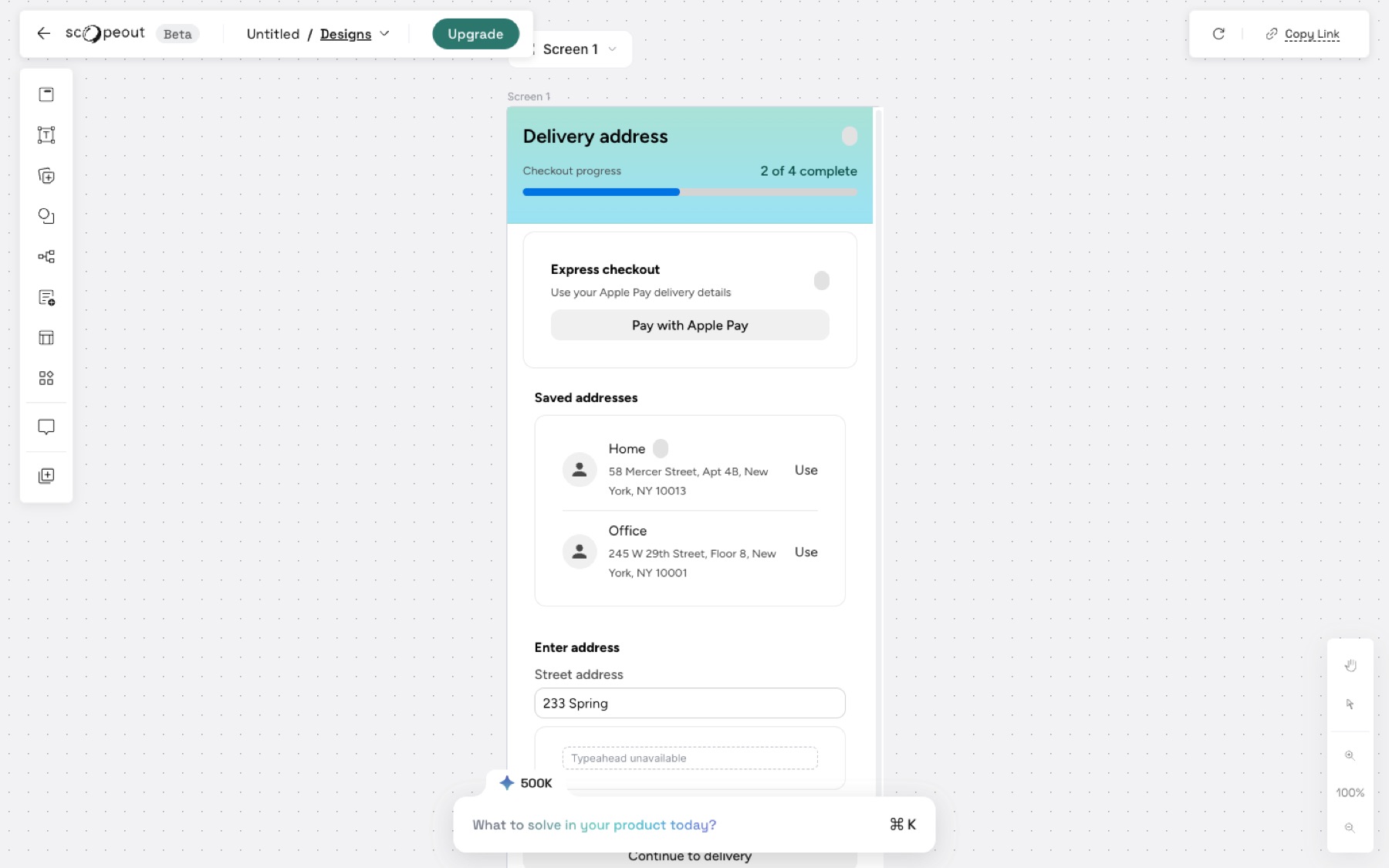 Scopeout Designs canvas comparing today's price-only paywall with variant B: an upgrade sheet with a Pro export preview, the Pro features and an annual toggle